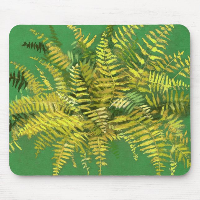 Fern, fronds, floral, green golden yellow greenery mouse pad (Front)