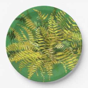 Fern, fronds, floral, green golden yellow greenery paper plate