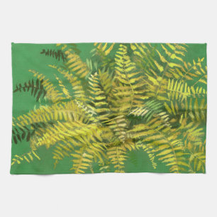 Fern, fronds, floral, green golden yellow greenery tea towel