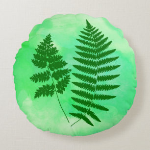 Fern Fronds, Green on a Watercolor Background Round Cushion