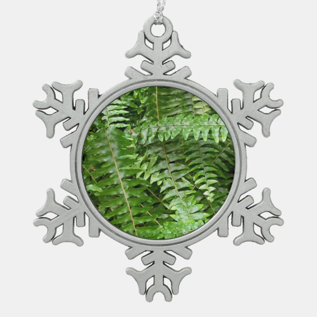 Fern Fronds I Green Nature Snowflake Pewter Christmas Ornament (Front)