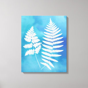 Fern Fronds, White on Blue Watercolor Background Canvas Print