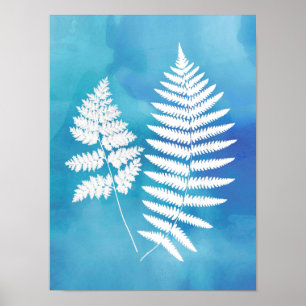 Fern Fronds, White on Blue Watercolor Background Poster
