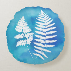 Fern Fronds, White on Blue Watercolor Background Round Cushion