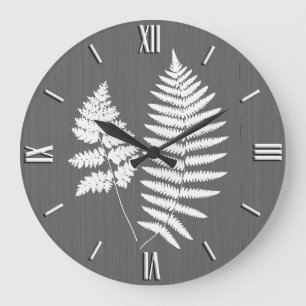 Fern Fronds, White on Charcoal Grey / Grey Large Clock