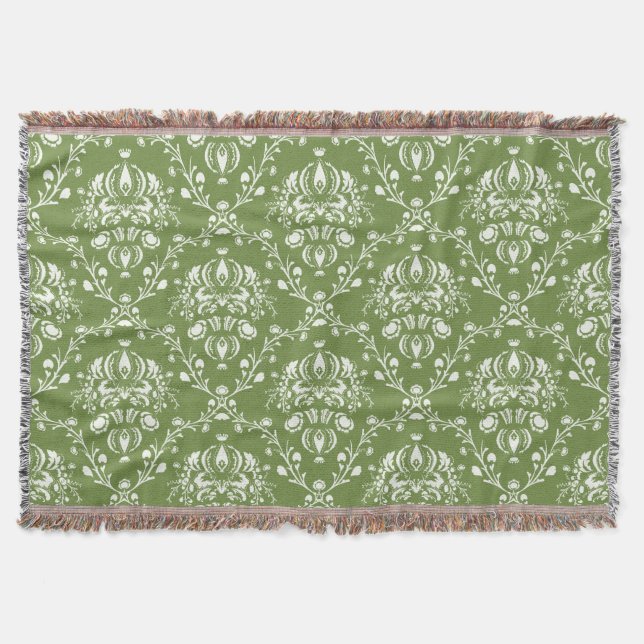 Fern Green and White Damask Throw Blanket (Front)