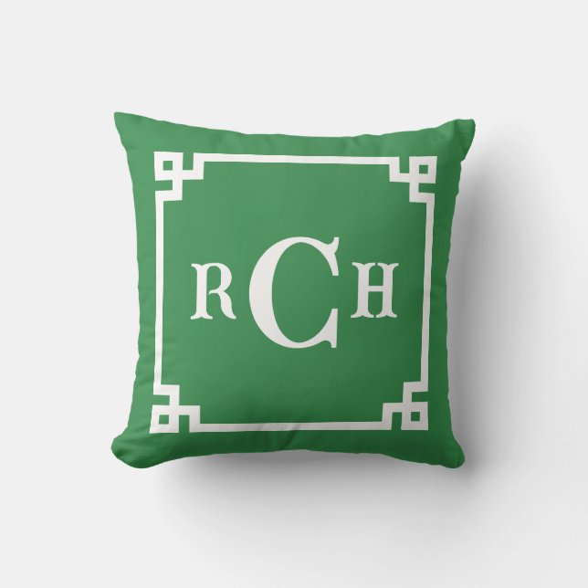 Fern Green Reverse Chinoiserie Greek Key Monogram Cushion (Front)