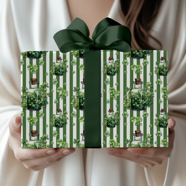 Fern Green Striped Chic Bottle St. Patrick Day Wrapping Paper (Creator Uploaded)