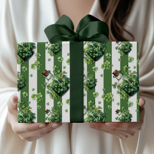 Fern Green Vintage Striped Chic Clover Bottle Wrapping Paper