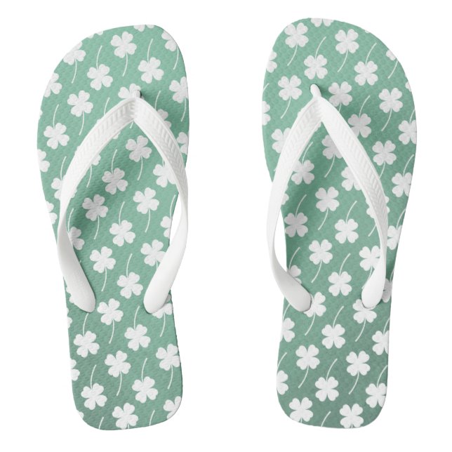 Fern Green White Shamrock Fun Pattern Cute Lucky Thongs (Footbed)