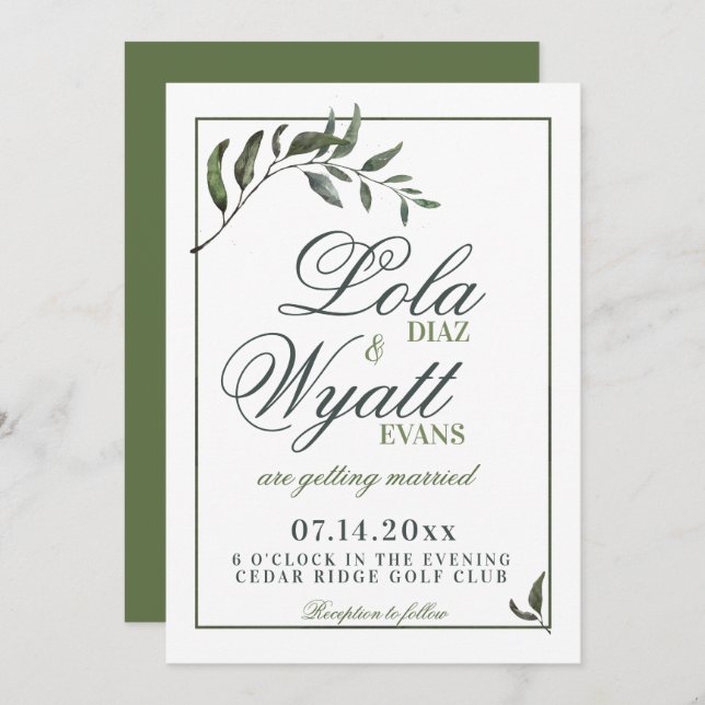 Fern Green Willow Branch Elegant Wedding Invitation (Front/Back)