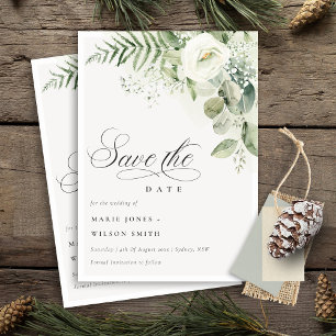 Fern Greenery White Floral Save The Date Invite