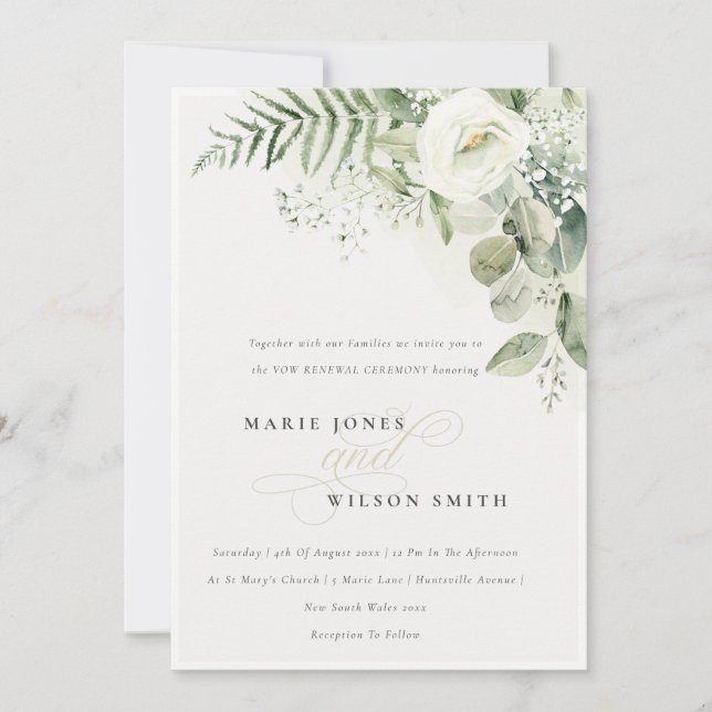 Fern Greenery White Floral Vow Renewal Invite (Front)