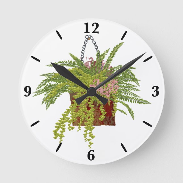 Fern Ivy Hanging Plant Botanical Illustration Art Round Clock (Front)