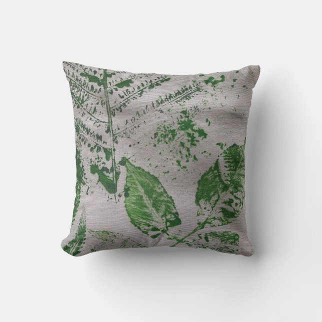 Fern Leaf Grey Printmaking Botanical Pillow (Front)