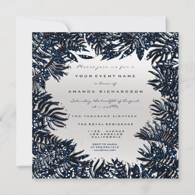 Fern Leafs Framed Metallic Blue Navy Silver Grey Invitation (Front)