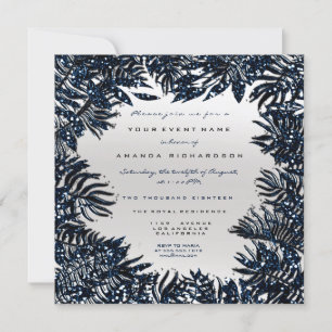Fern Leafs Framed Metallic Blue Navy Silver Grey Invitation