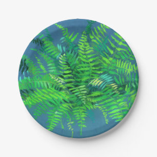 Fern leaves, floral art, blue & green paper plate