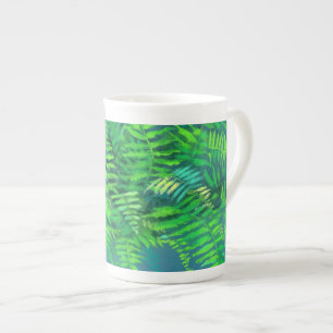 Fern leaves, floral design, greenery, blue & green bone china mug