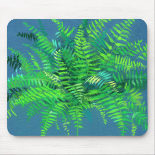 Fern leaves, floral design, greenery, blue & green mouse pad