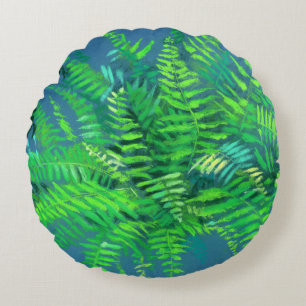 Fern leaves, floral design, greenery, blue & green round cushion