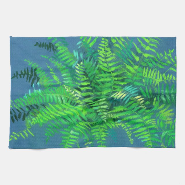 Fern leaves, floral design, greenery, blue & green tea towel (Horizontal)