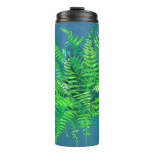 Fern leaves, floral design, greenery, blue & green thermal tumbler