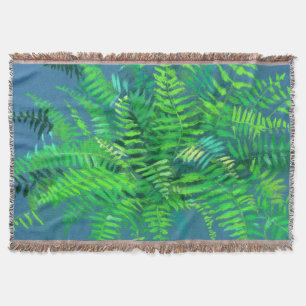 Fern leaves, floral design, greenery, blue & green throw blanket