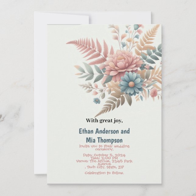 fern leaves pastel wedding invitation card (Front)