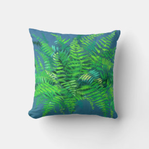 Fern leaves, pteridophyte, floral art blue & green cushion