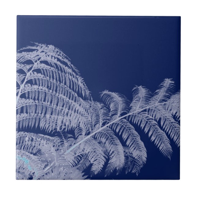 Fern Leaves Texture Sketch White Blue Ceramic Tile (Front)