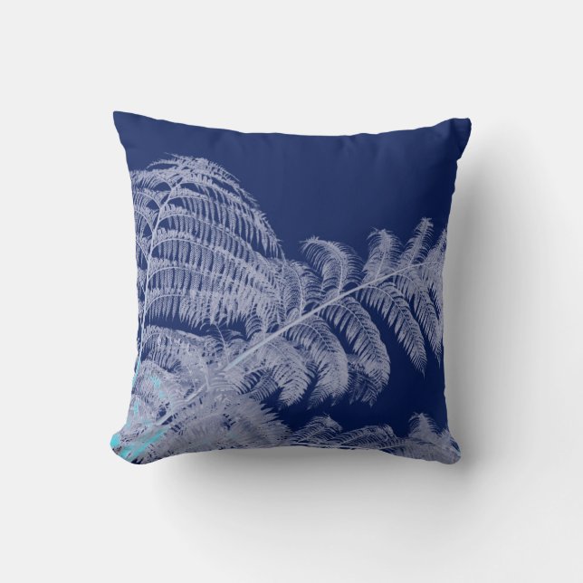 Fern Leaves Texture Sketch White Blue Cushion (Front)