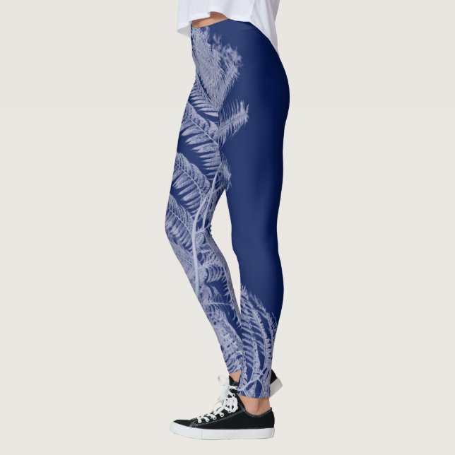 Fern Leaves Texture Sketch White Blue Leggings (Left)