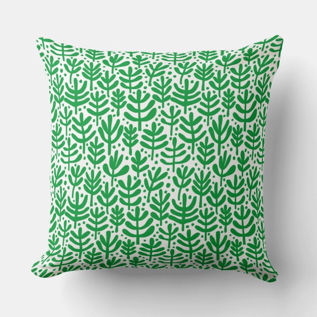 Fern Pattern - Grass Green on White Cushion (Front)