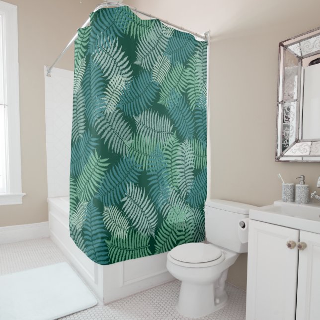 Fern Pattern on Dark Green Background Shower Curtain (In Situ)