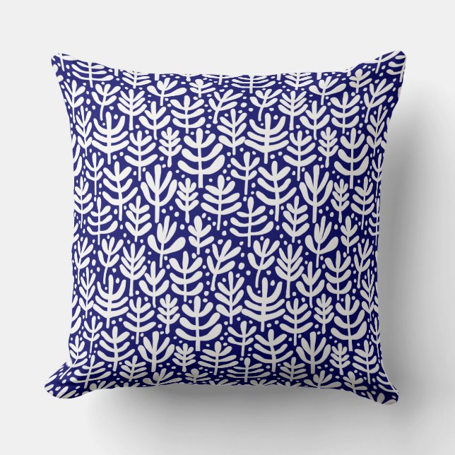 Fern Pattern - White on Dark Blue Cushion (Front)