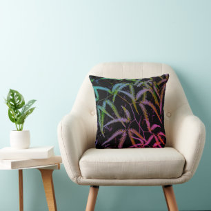 Fern purple, green and pink with black background cushion