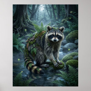 Fern Raccoon Forest Mischief Poster
