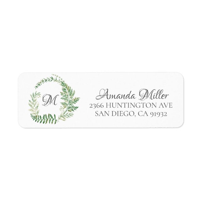 Fern Wreath Monogram Floral Return address Label (Front)