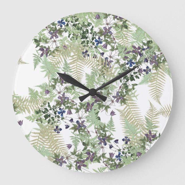 Ferns Clematis Vine Flowers Floral Wall Clock (Front)