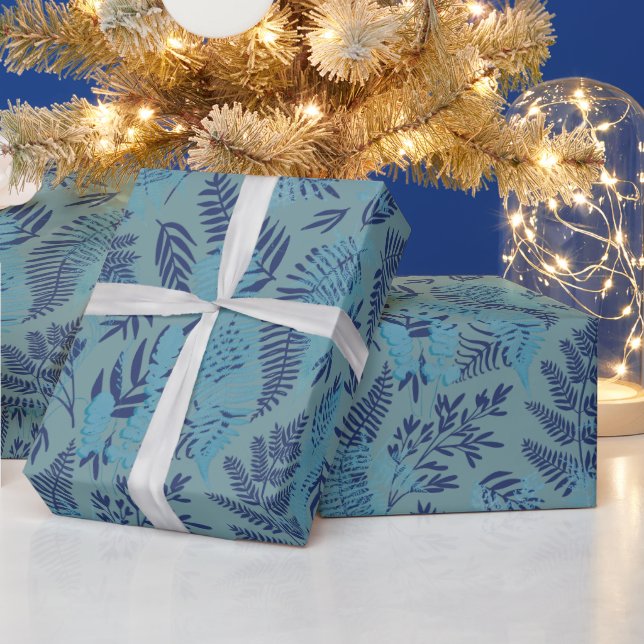 Ferns in Blue and Turquoise Wrapping Paper (Holidays)
