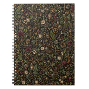 Ferns Roses and Antique Gears Spiral Notebook