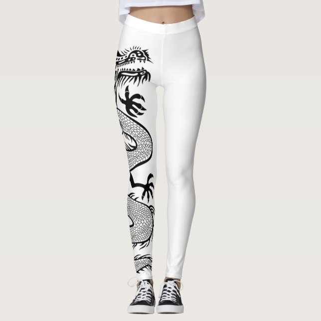 Ferocious Dragon Tattoo In White Colour Background Leggings (Front)