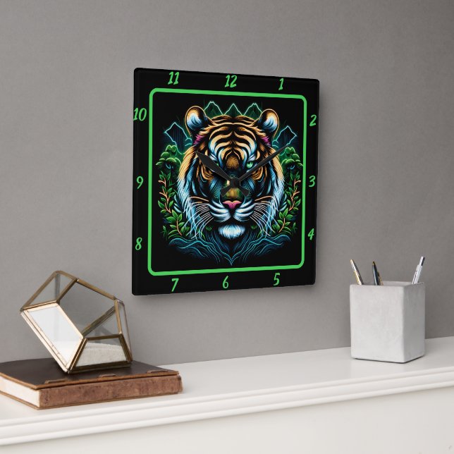 Ferocious Neon Tiger Portrait Square Wall Clock (Office)