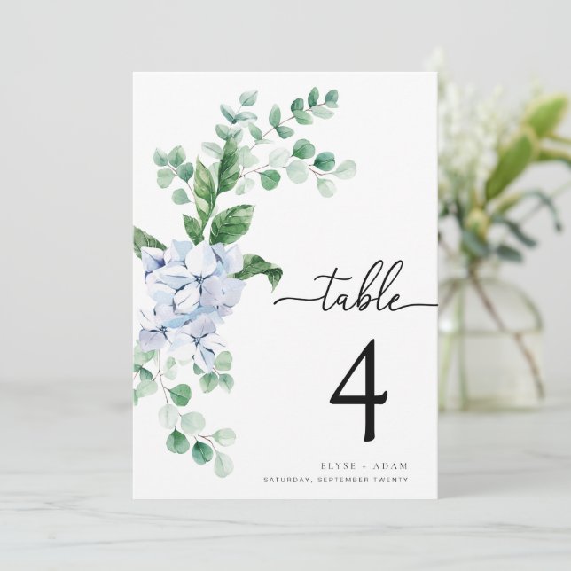 Ferras Blue Hydrangea Wedding Table Number (Standing Front)