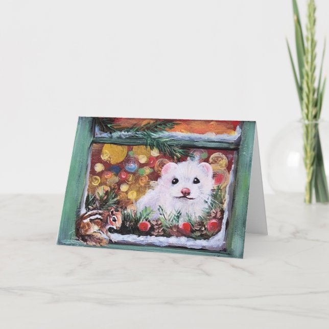 Ferret and Chipmunk Christmas Window Holiday Card (Front)