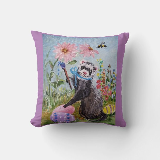 Ferret and Easter Eggs Throw Pillow (Front)