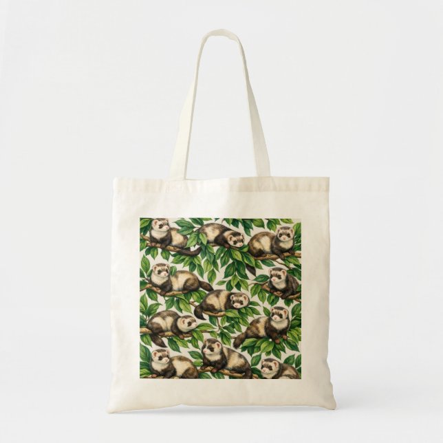 Ferret and Green Leaves Pattern Tote Bag (Front)