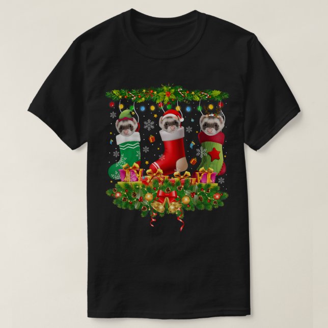 Ferret Christmas Socks Xmas Lights Pajama Matching T-Shirt (Design Front)