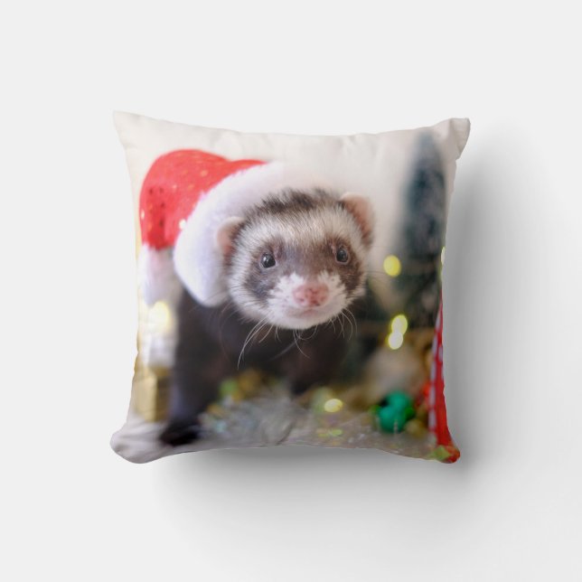 Ferret in Santa Hat Christmas Decoration Cushion (Front)
